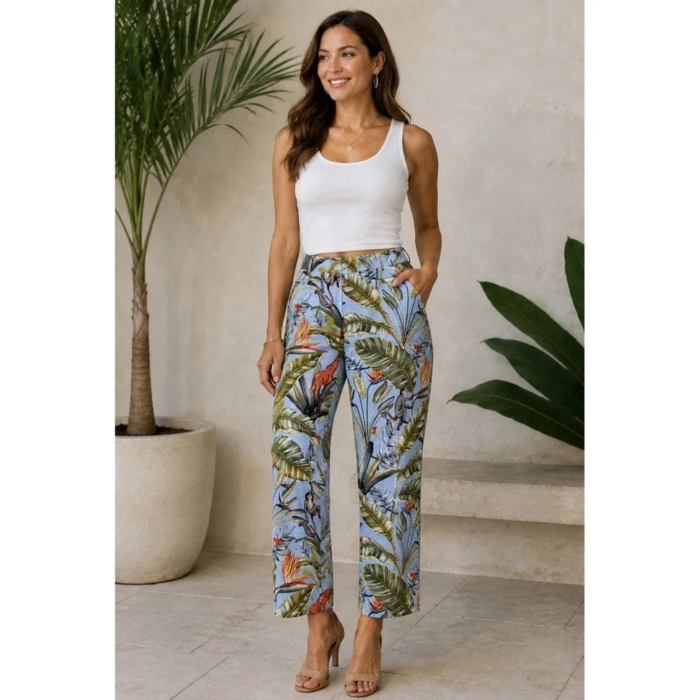 Ann Taylor Kate Fit Tropical Jungle Monkeys Print Crop Pants Women's 16 Lt Blue